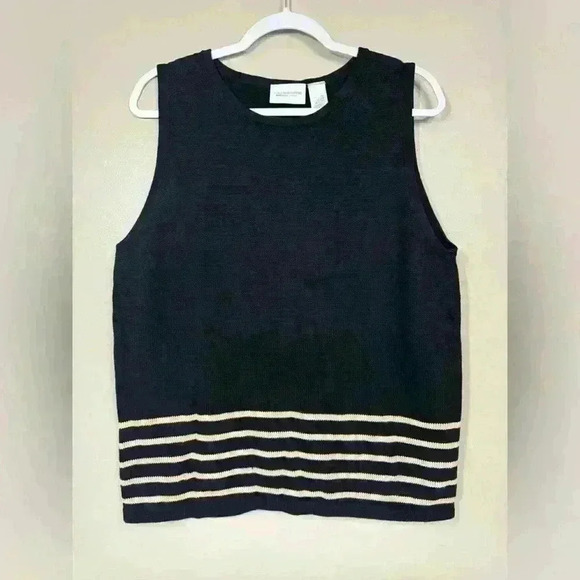 NWT Y2K Liz Claiborne Sweater Vest XL Black Tan Stripe V-Neck Retro Preppy Knit - Picture 1 of 8